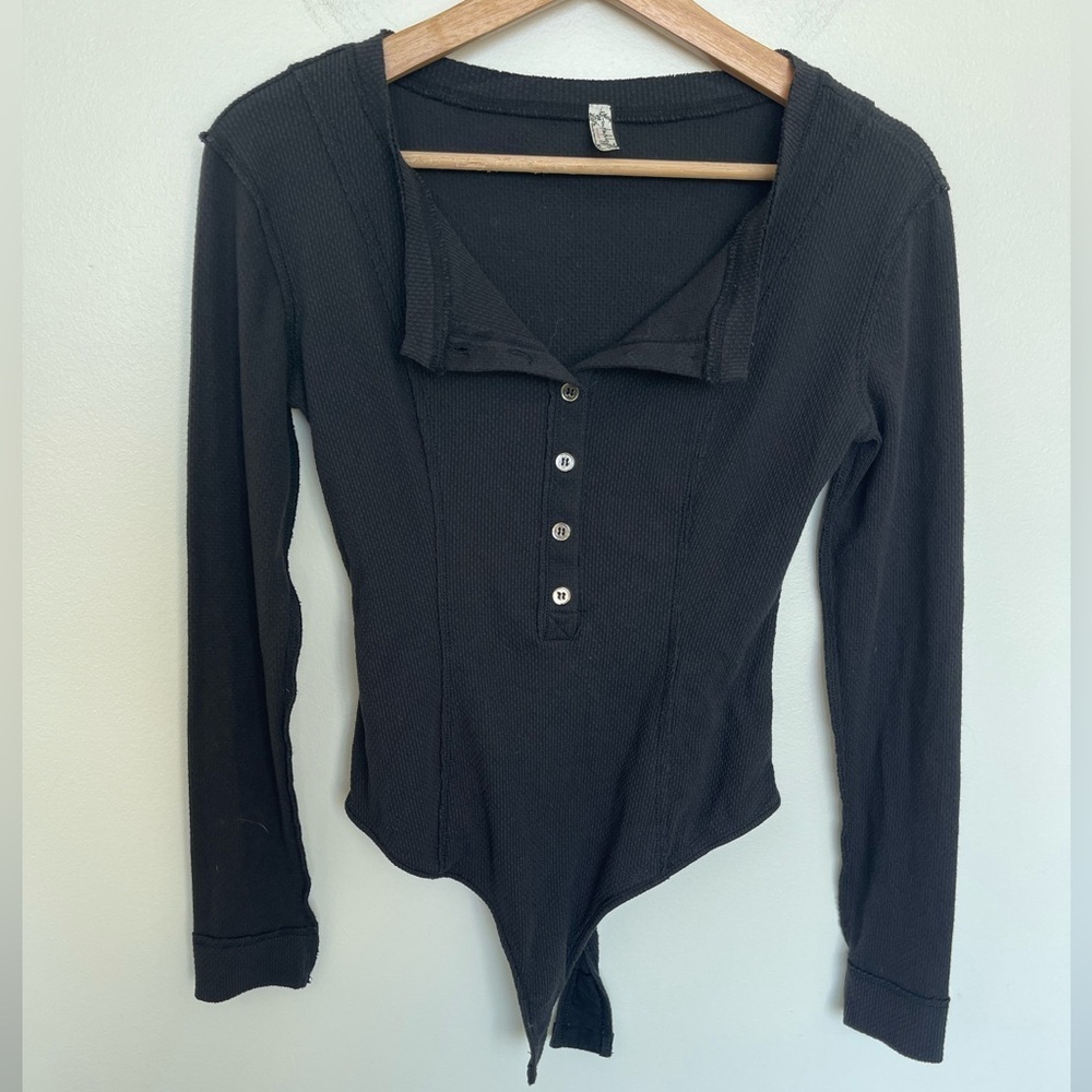 Free People Intimately Black Long Sleeve Button Thermal Sloane Bodysuit - Picture 5 of 12
